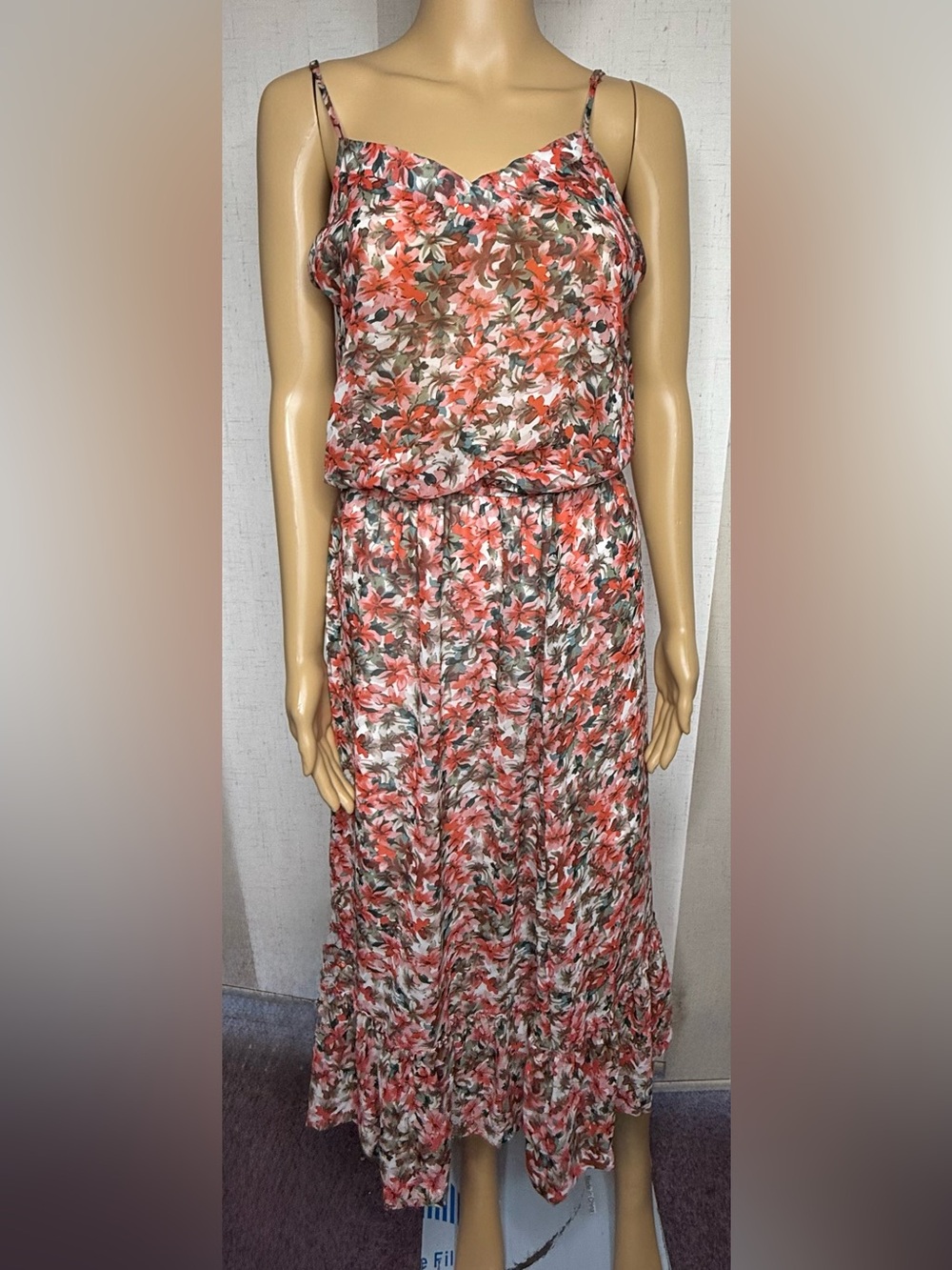 Julian Love floral maxi dress. Sheer, floral overlay. Sz. S
